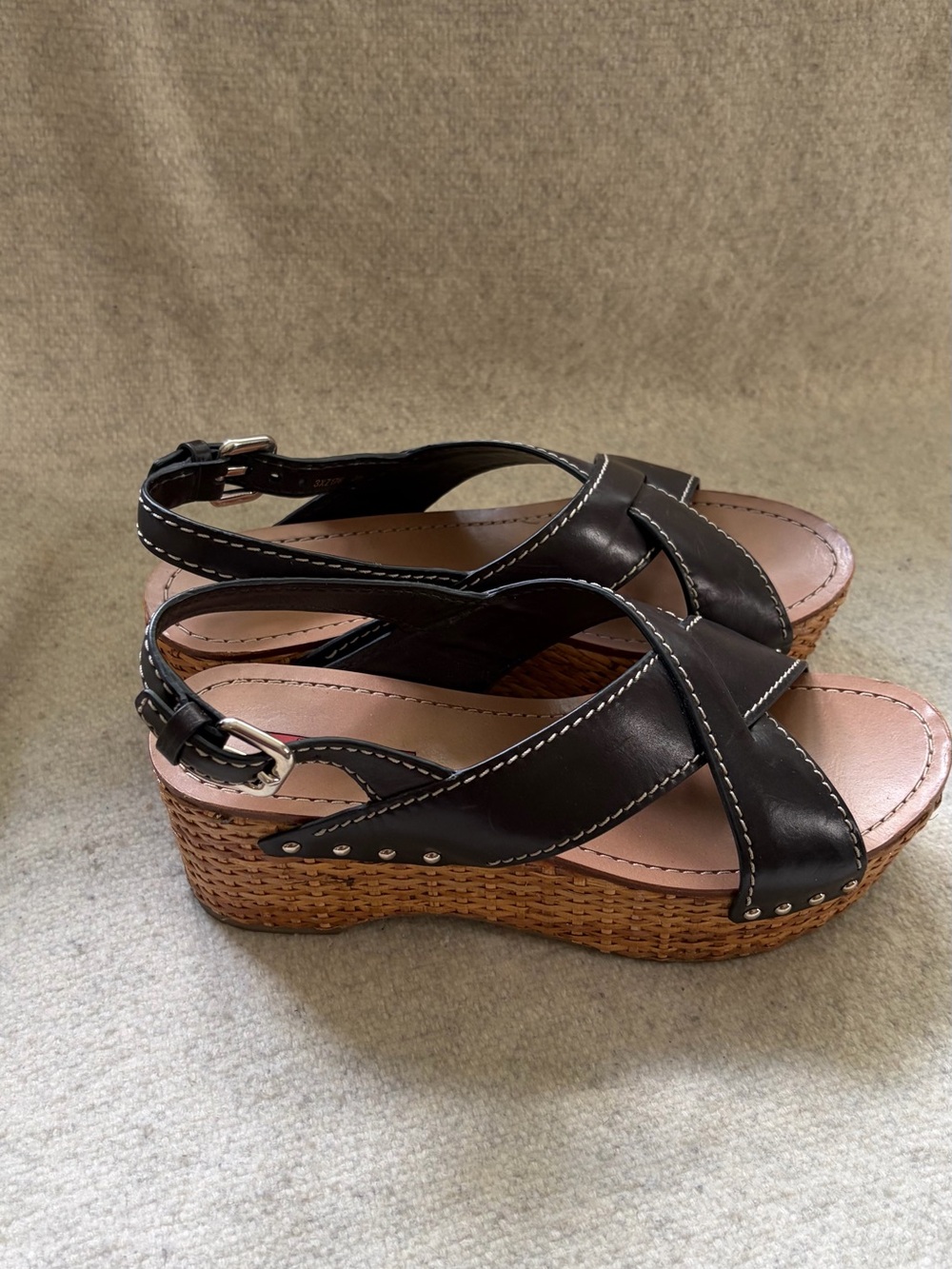 Prada Black Leather Wedge Sandals with Woven Platform and Silver Studs